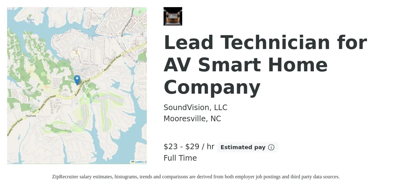 SoundVision, LLC job posting for a Lead Technician for AV Smart Home Company in Mooresville, NC with a salary of $24 to $31 Hourly with a map of Mooresville location.