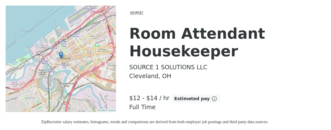 SOURCE 1 SOLUTIONS LLC job posting for a Room Attendant Housekeeper in Cleveland, OH with a salary of $13 to $15 Hourly with a map of Cleveland location.