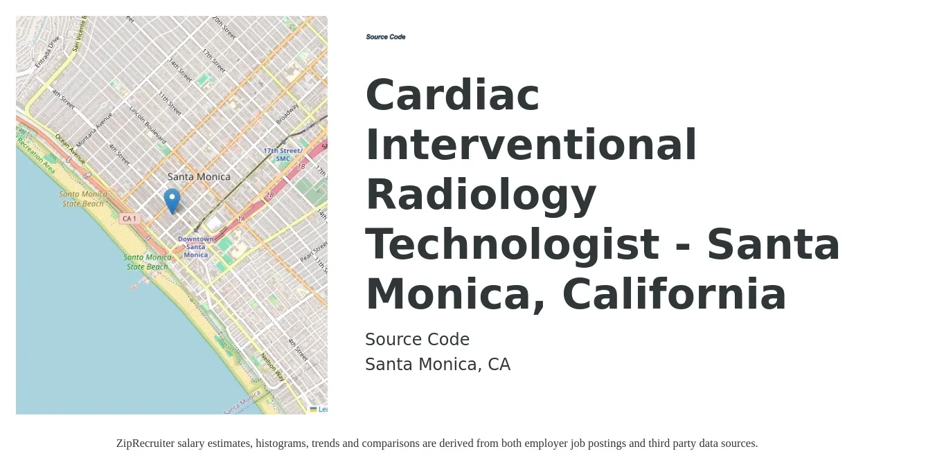 Source Code job posting for a Cardiac Interventional Radiology Technologist - Santa Monica, California in Santa Monica, CA with a salary of $40 to $70 Hourly with a map of Santa Monica location.