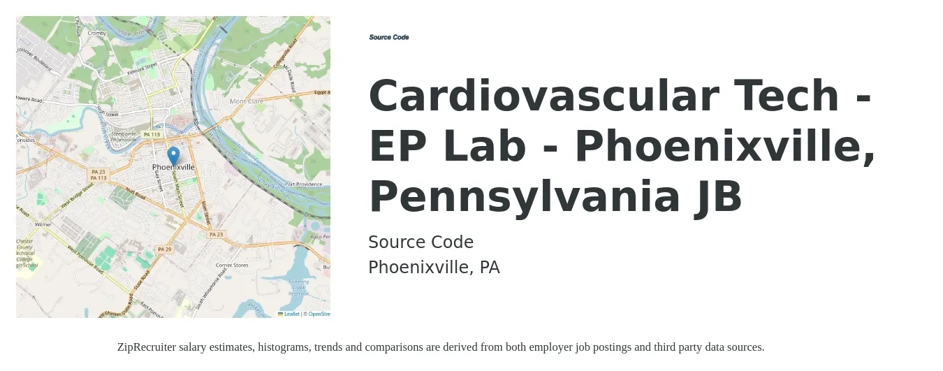 Source Code job posting for a Cardiovascular Tech - EP Lab - Phoenixville, Pennsylvania JB in Phoenixville, PA with a salary of $23 to $42 Hourly with a map of Phoenixville location.