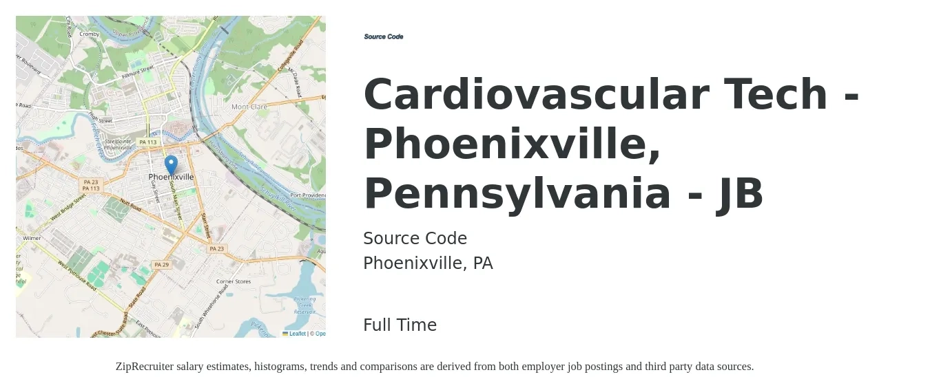 Source Code job posting for a Cardiovascular Tech - Phoenixville, Pennsylvania - JB in Phoenixville, PA with a salary of $23 to $42 Hourly with a map of Phoenixville location.