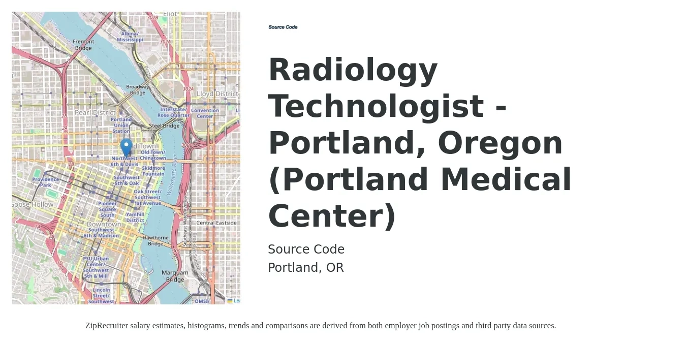 Source Code job posting for a Radiology Technologist - Portland, Oregon (Portland Medical Center) in Portland, OR with a salary of $1,270 to $2,640 Weekly with a map of Portland location.