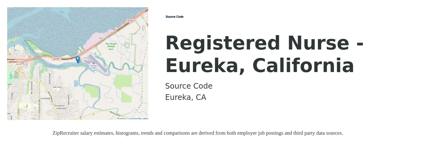 Source Code job posting for a Registered Nurse - Eureka, California in Eureka, CA with a salary of $34 to $53 Hourly with a map of Eureka location.