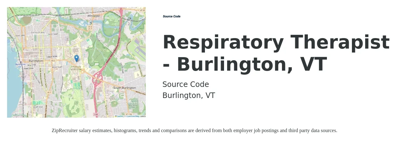 Source Code job posting for a Respiratory Therapist - Burlington, VT in Burlington, VT with a salary of $32 to $56 Hourly with a map of Burlington location.