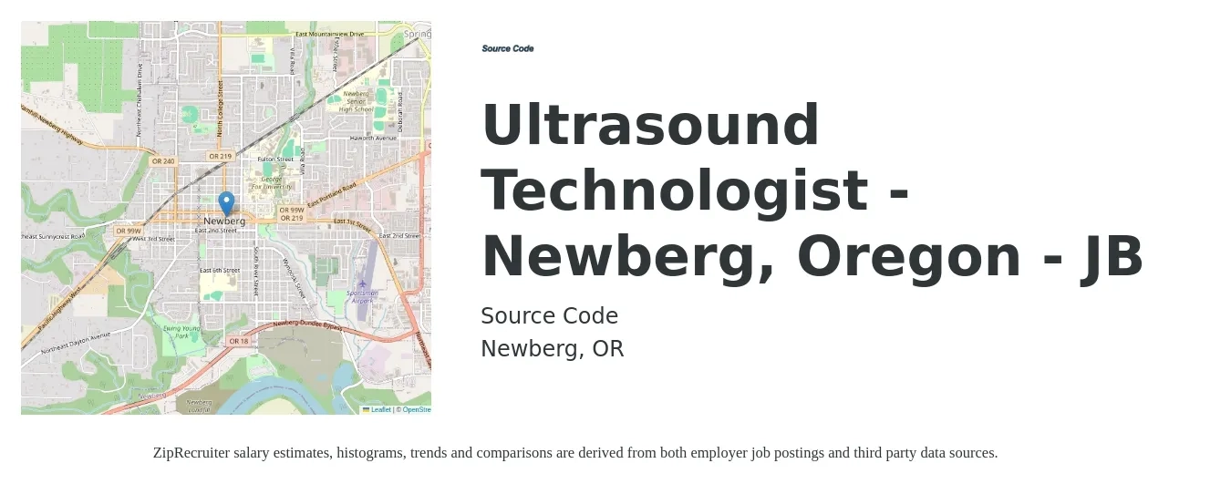 Source Code job posting for a Ultrasound Technologist - Newberg, Oregon - JB in Newberg, OR with a salary of $1,700 to $2,880 Weekly with a map of Newberg location.