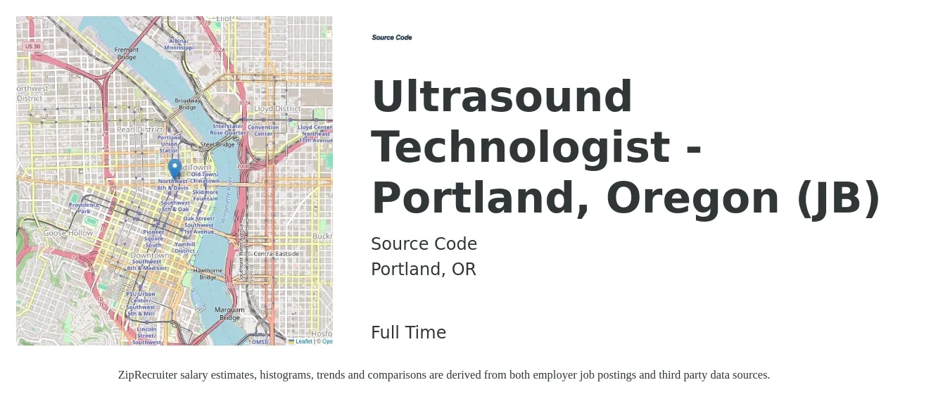 Source Code job posting for a Ultrasound Technologist - Portland, Oregon (JB) in Portland, OR with a salary of $1,720 to $2,910 Weekly with a map of Portland location.