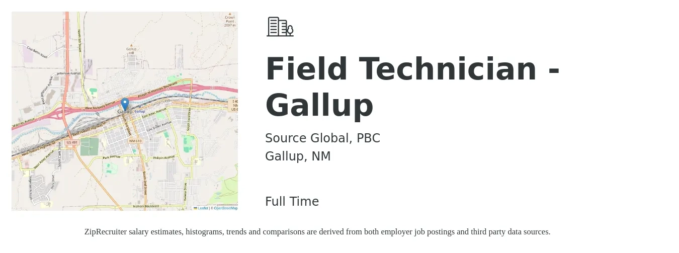 Source Global, PBC job posting for a Field Technician - Gallup in Gallup, NM with a salary of $18 to $25 Hourly with a map of Gallup location.