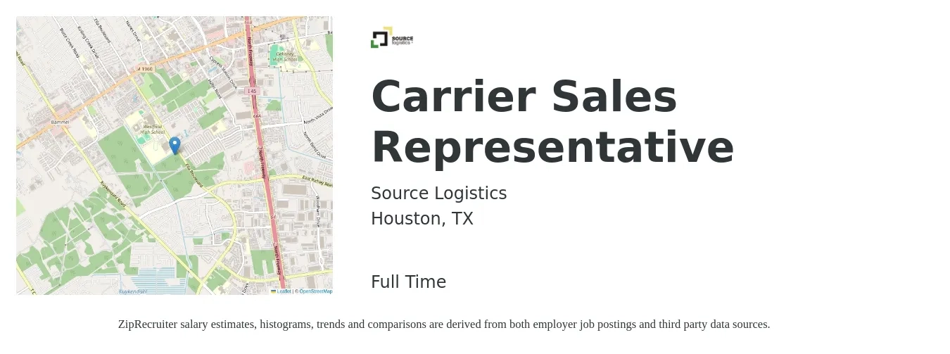 Source Logistics job posting for a Carrier Sales Representative in Houston, TX with a salary of $16 to $22 Hourly with a map of Houston location.
