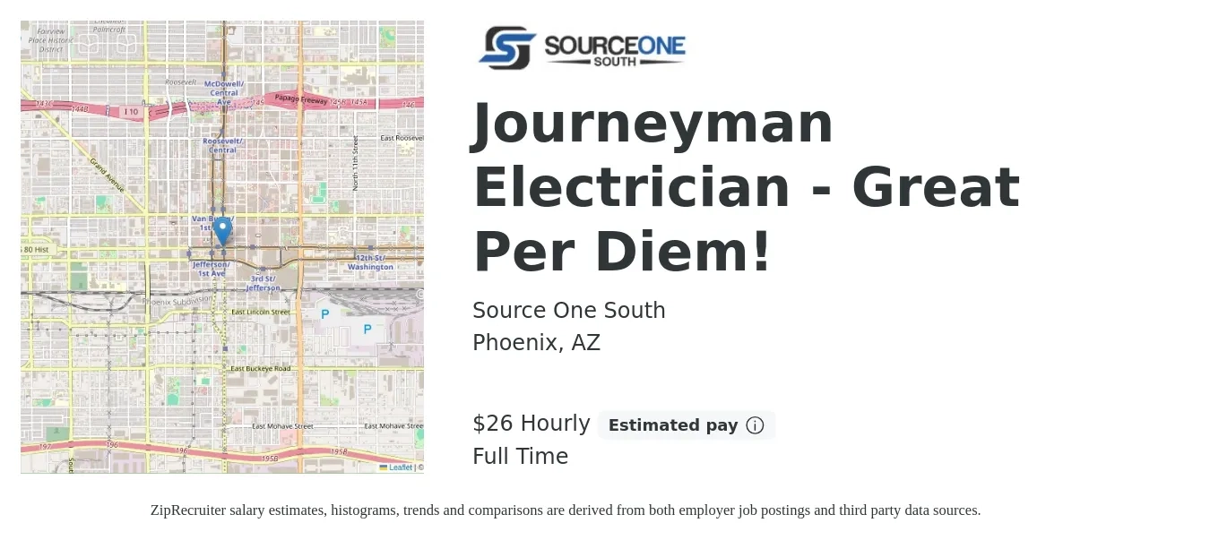 Source One South job posting for a Journeyman Electrician - Great Per Diem! in Phoenix, AZ with a salary of $28 Hourly with a map of Phoenix location.
