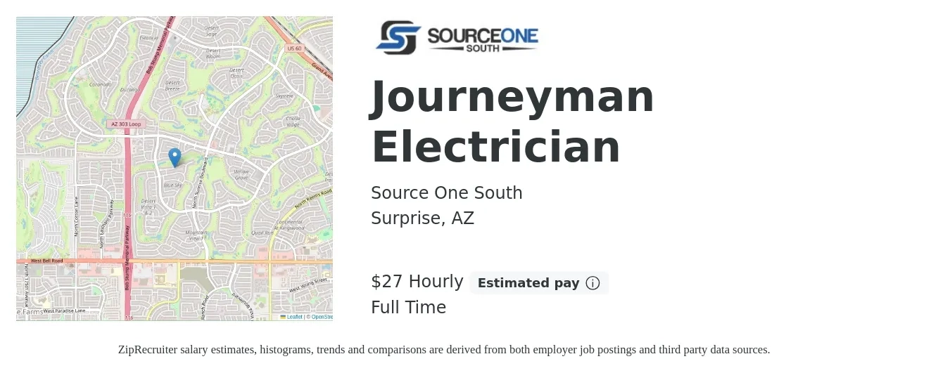 Source One South job posting for a Journeyman Electrician in Surprise, AZ with a salary of $29 Hourly with a map of Surprise location.