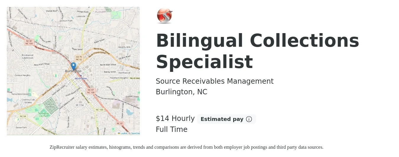 Source Receivables Management job posting for a Bilingual Collections Specialist in Burlington, NC with a salary of $15 Hourly with a map of Burlington location.