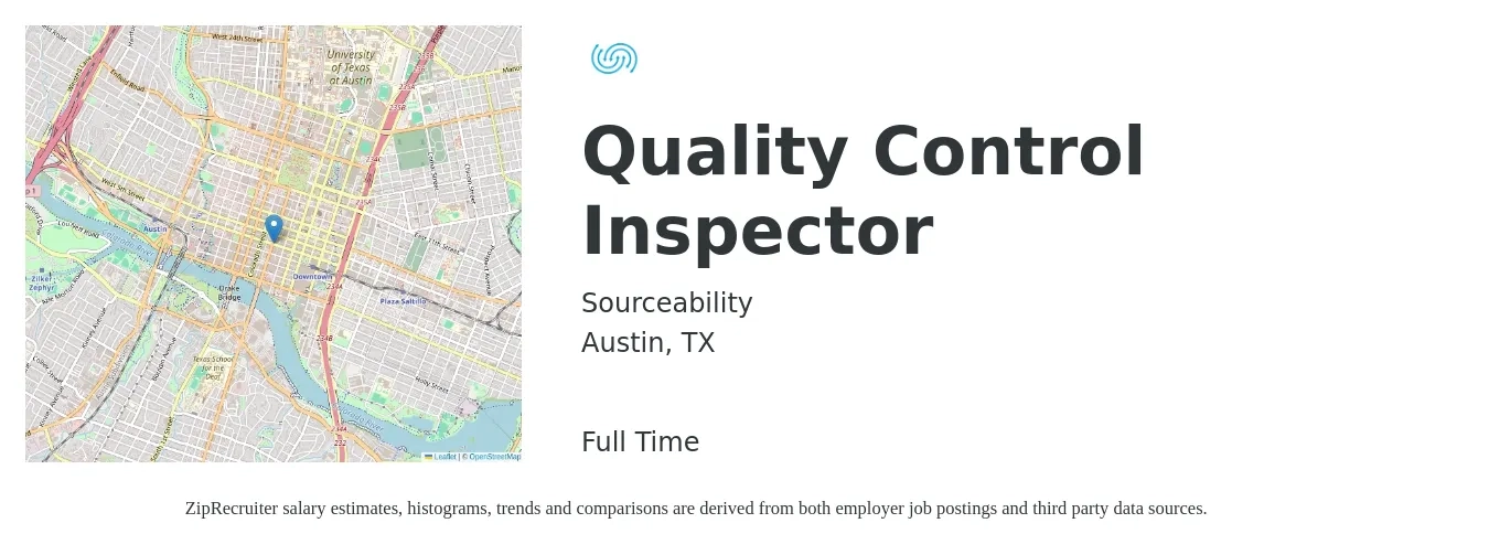 Sourceability job posting for a Quality Control Inspector in Austin, TX with a salary of $18 to $25 Hourly with a map of Austin location.
