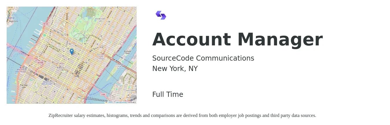 SourceCode Communications job posting for a Account Manager in New York, NY with a salary of $80,000 to $95,000 Yearly with a map of New York location.
