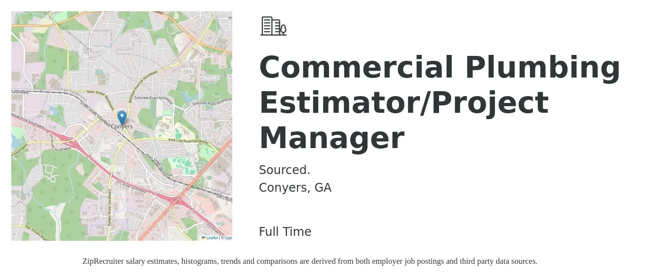 Sourced. job posting for a Commercial Plumbing Estimator/Project Manager in Conyers, GA with a salary of $59,900 to $95,000 Yearly with a map of Conyers location.