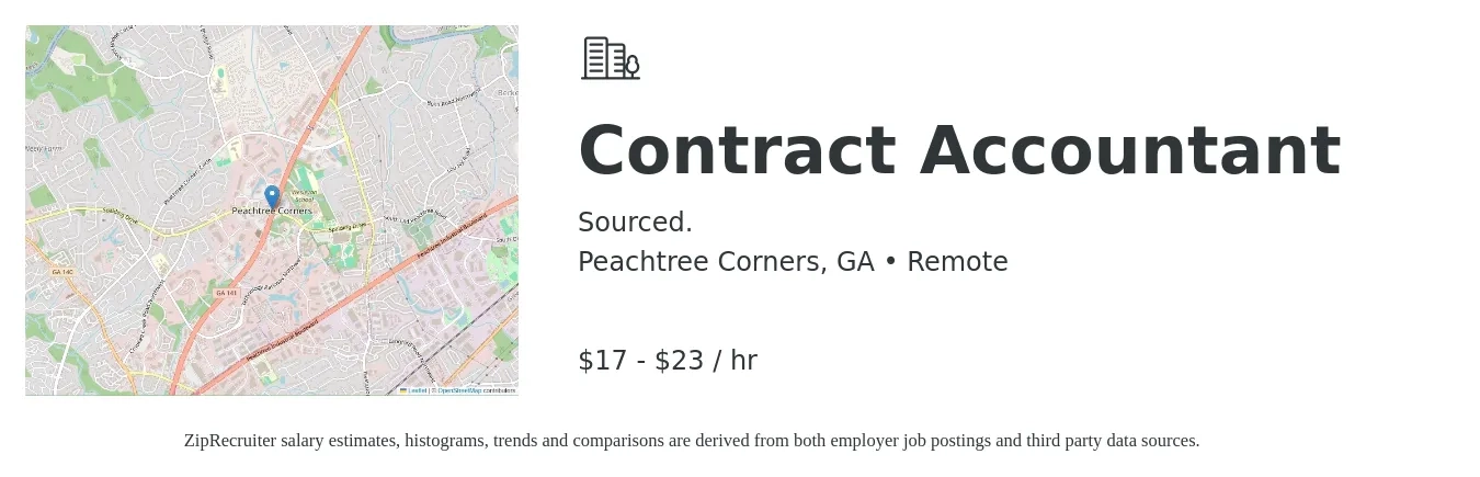 Sourced. job posting for a Contract Accountant in Peachtree Corners, GA with a salary of $18 to $24 Hourly with a map of Peachtree Corners location.