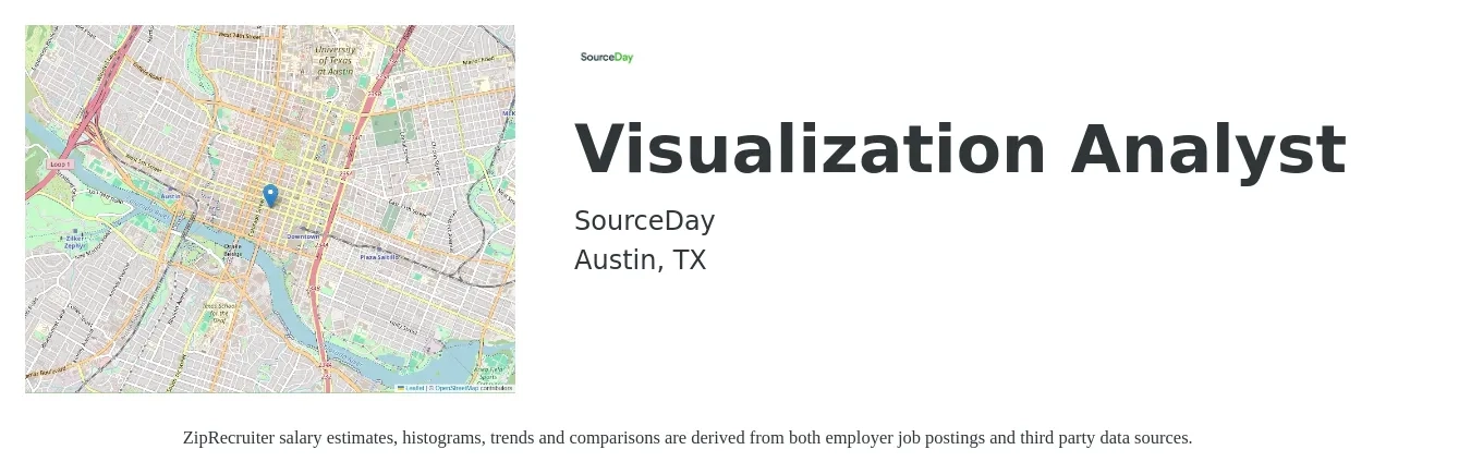 SourceDay job posting for a Visualization Analyst in Austin, TX with a salary of $100,000 to $130,000 Yearly with a map of Austin location.