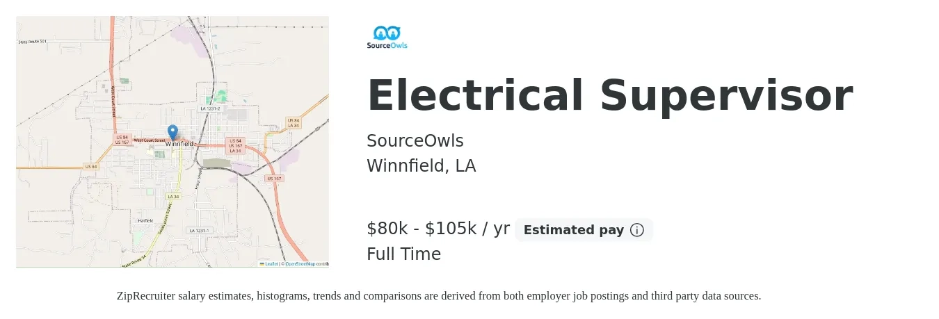 SourceOwls job posting for a Electrical Supervisor in Winnfield, LA with a salary of $80,000 to $105,000 Yearly with a map of Winnfield location.