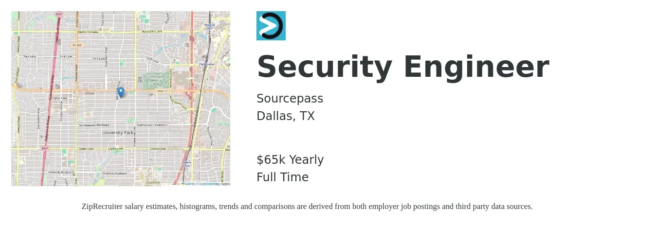 Sourcepass job posting for a Security Engineer in Dallas, TX with a salary of $65,000 Yearly with a map of Dallas location.