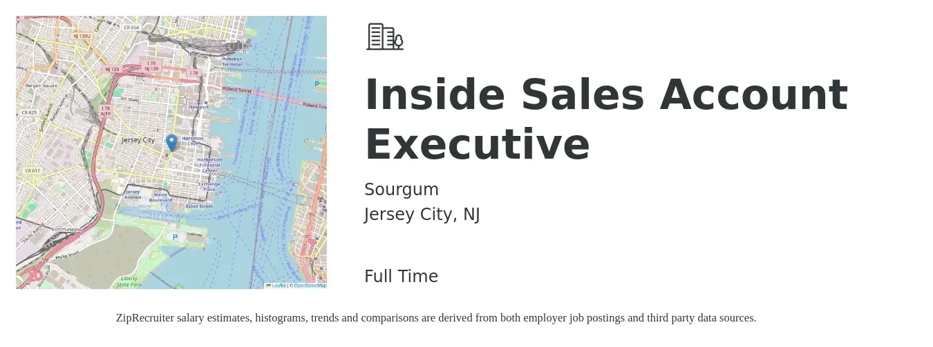 Sourgum job posting for a Inside Sales Account Executive in Jersey City, NJ with a salary of $60,000 to $100,000 Yearly with a map of Jersey City location.