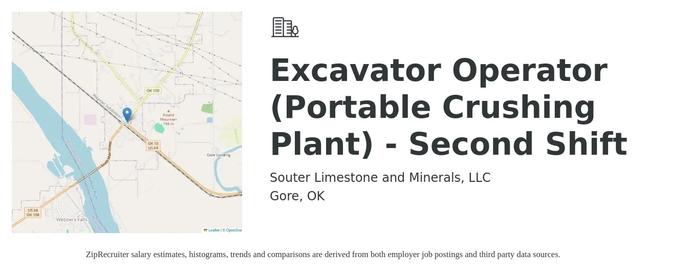 Souter Limestone and Minerals, LLC job posting for a Excavator Operator (Portable Crushing Plant) - Second Shift in Gore, OK with a salary of $21 to $28 Hourly with a map of Gore location.