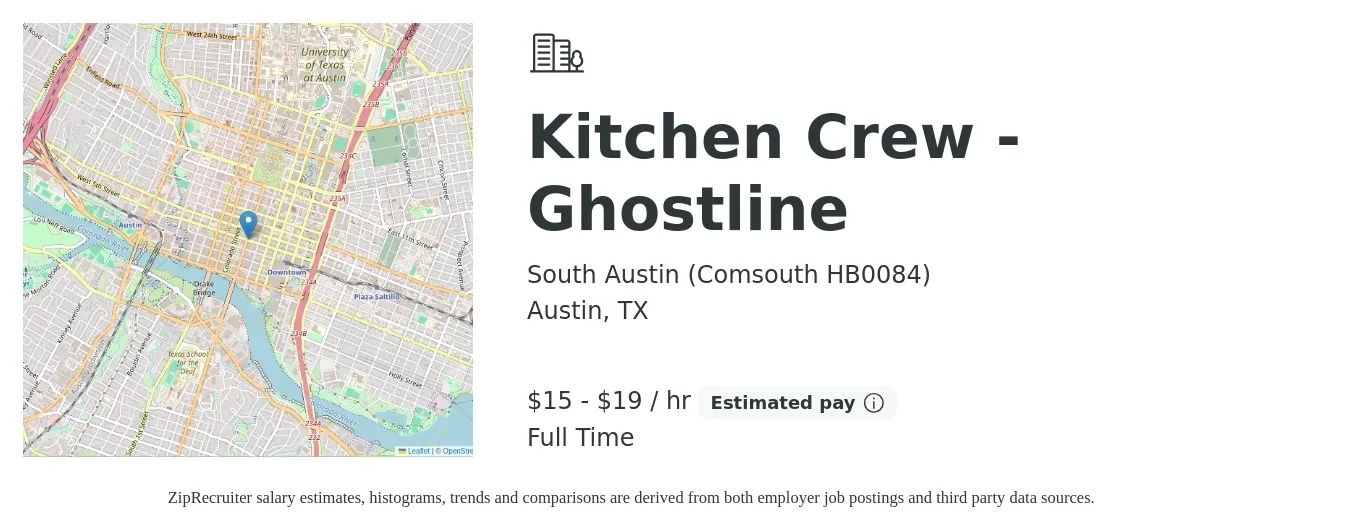South Austin (Comsouth HB0084) job posting for a Kitchen Crew - Ghostline in Austin, TX with a salary of $16 to $20 Hourly with a map of Austin location.