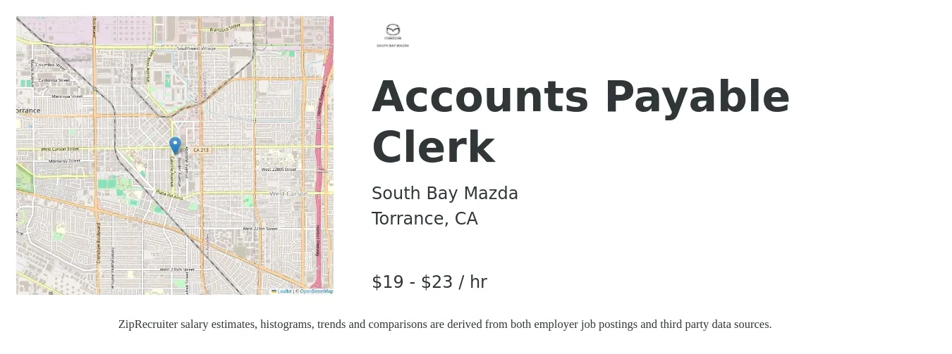 South Bay Mazda job posting for a Accounts Payable Clerk in Torrance, CA with a salary of $20 to $24 Hourly with a map of Torrance location.