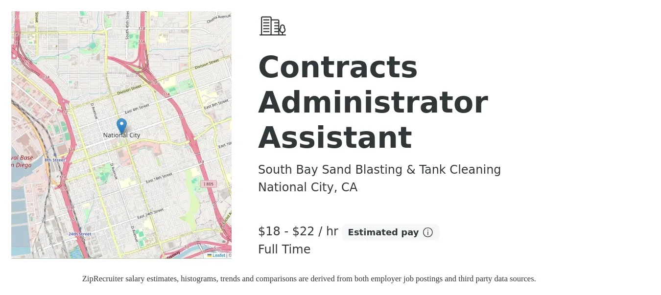 South Bay Sand Blasting & Tank Cleaning job posting for a Contracts Administrator Assistant in National City, CA with a salary of $19 to $23 Hourly with a map of National City location.