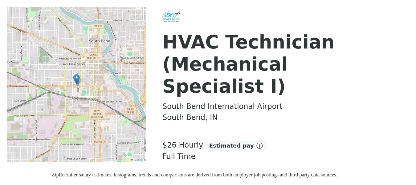 South Bend International Airport job posting for a HVAC Technician (Mechanical Specialist I) in South Bend, IN with a salary of $28 Hourly with a map of South Bend location.