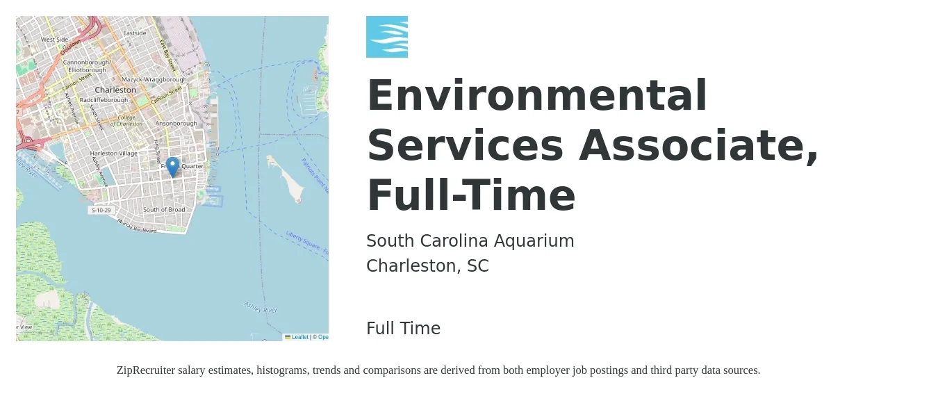 South Carolina Aquarium job posting for a Environmental Services Associate, Full-Time in Charleston, SC with a salary of $14 to $17 Hourly with a map of Charleston location.