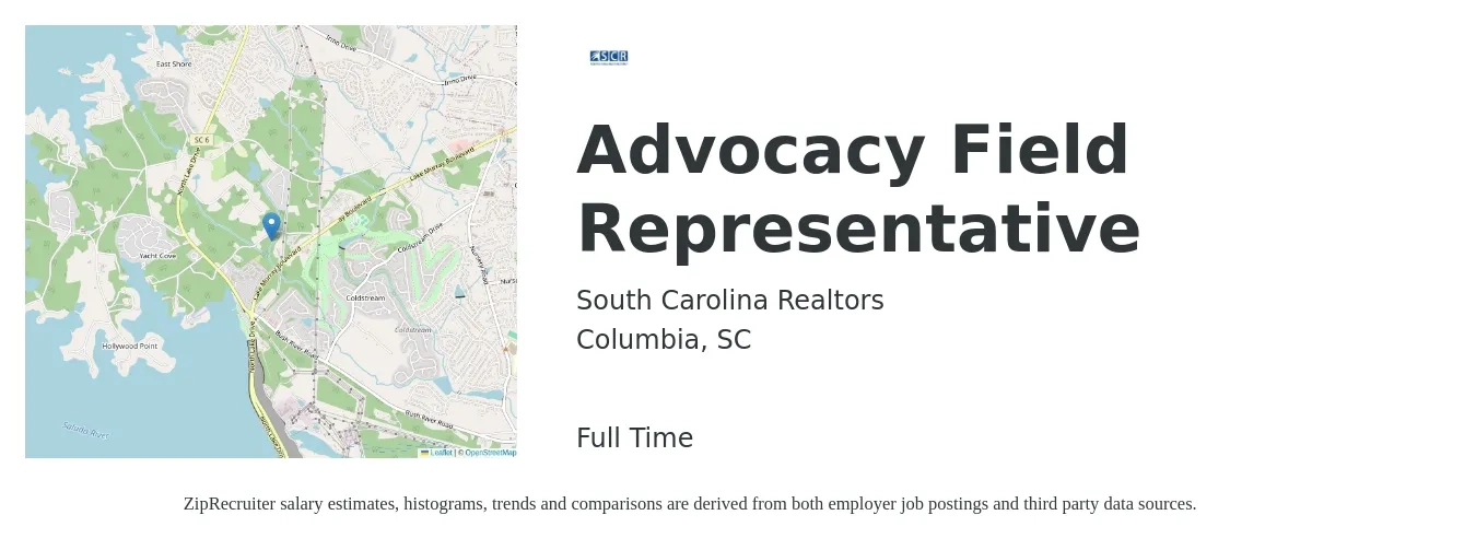 South Carolina Realtors job posting for a Advocacy Field Representative in Columbia, SC with a salary of $50,000 to $55,000 Yearly with a map of Columbia location.