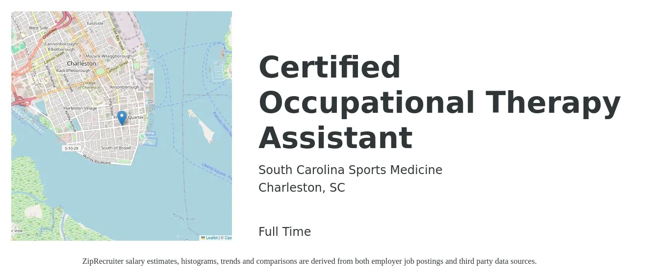 South Carolina Sports Medicine job posting for a Certified Occupational Therapy Assistant in Charleston, SC with a salary of $27 to $36 Hourly with a map of Charleston location.