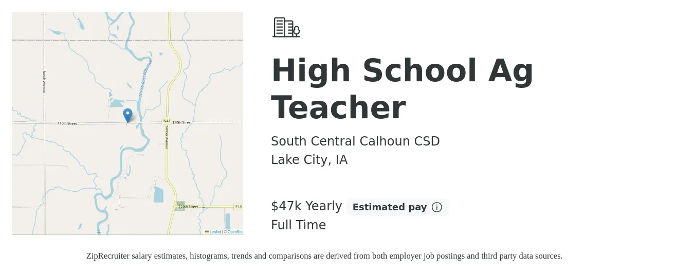 South Central Calhoun CSD job posting for a High School Ag Teacher in Lake City, IA with a salary of $47,500 Yearly with a map of Lake City location.