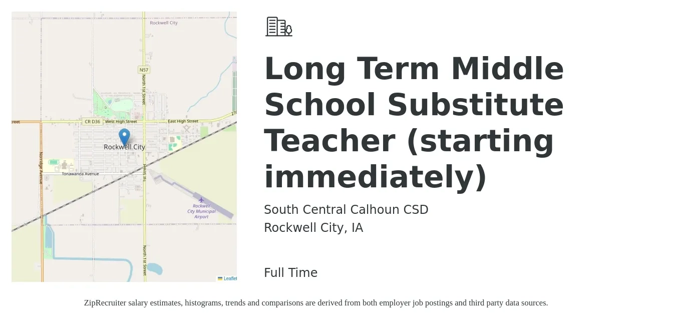 South Central Calhoun CSD job posting for a Long Term Middle School Substitute Teacher (starting immediately) in Rockwell City, IA with a salary of $75 to $180 Daily with a map of Rockwell City location.