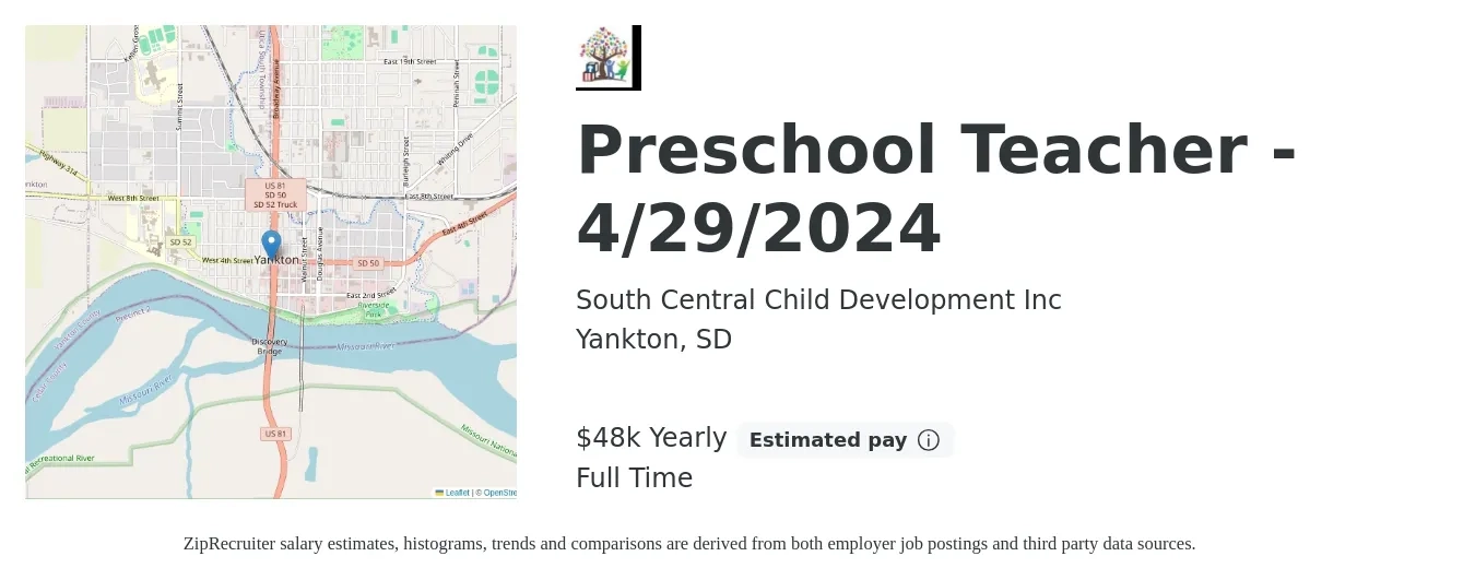 South Central Child Development Inc job posting for a Preschool Teacher - 4/29/2024 in Yankton, SD with a salary of $48,007 Yearly with a map of Yankton location.