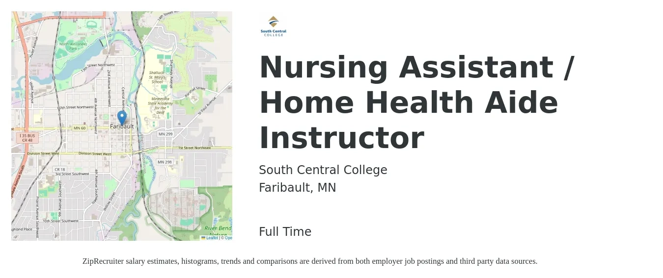 South Central College job posting for a Nursing Assistant / Home Health Aide Instructor in Faribault, MN with a salary of $32,300 to $42,600 Yearly with a map of Faribault location.