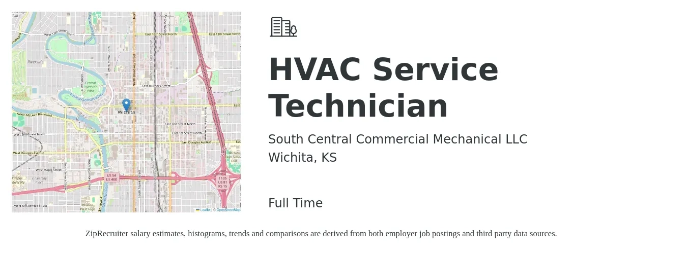 South Central Commercial Mechanical LLC job posting for a Hvac Service Technician in Wichita, KS with a salary of $30 to $40 Hourly with a map of Wichita location.