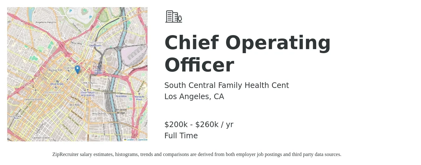 South Central Family Health Cent job posting for a Chief Operating Officer in Los Angeles, CA with a salary of $200,000 to $260,000 Yearly with a map of Los Angeles location.