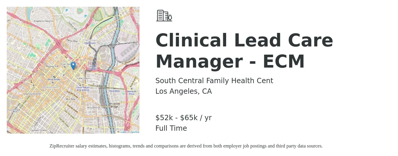 South Central Family Health Cent job posting for a Clinical Lead Care Manager - ECM in Los Angeles, CA with a salary of $131,461 to $152,315 Yearly with a map of Los Angeles location.