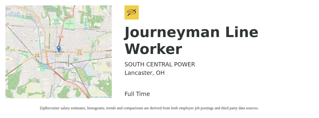 SOUTH CENTRAL POWER job posting for a Journeyman Line Worker in Lancaster, OH with a salary of $14 to $17 Hourly with a map of Lancaster location.