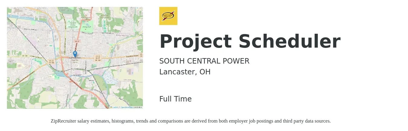 SOUTH CENTRAL POWER job posting for a Project Scheduler in Lancaster, OH with a salary of $89,000 to $130,600 Yearly with a map of Lancaster location.