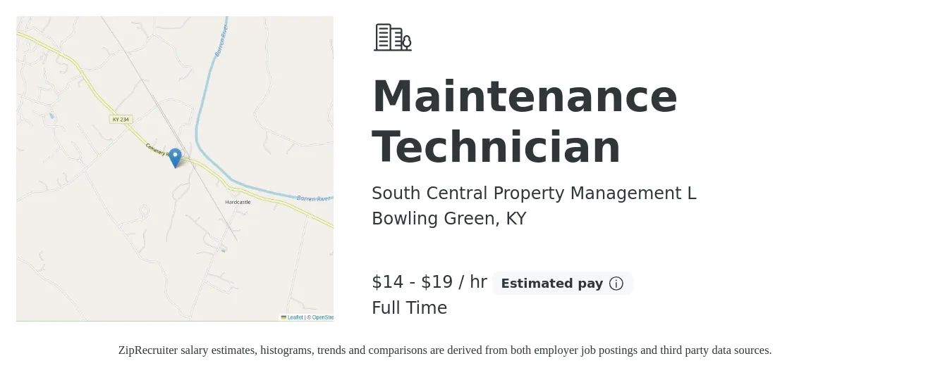 South Central Property Management L job posting for a Maintenance Technician in Bowling Green, KY with a salary of $15 to $20 Hourly and benefits including pto with a map of Bowling Green location.