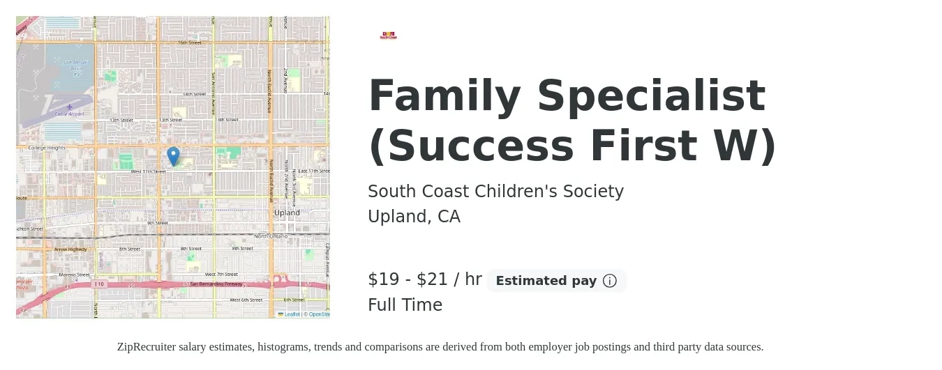 South Coast Children's Society job posting for a Family Specialist (Success First W) in Upland, CA with a salary of $20 to $23 Hourly with a map of Upland location.