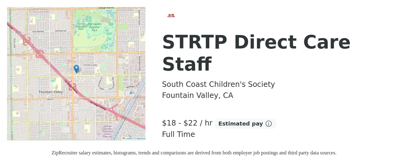 South Coast Children's Society job posting for a STRTP Direct Care Staff in Fountain Valley, CA with a salary of $19 to $23 Hourly with a map of Fountain Valley location.
