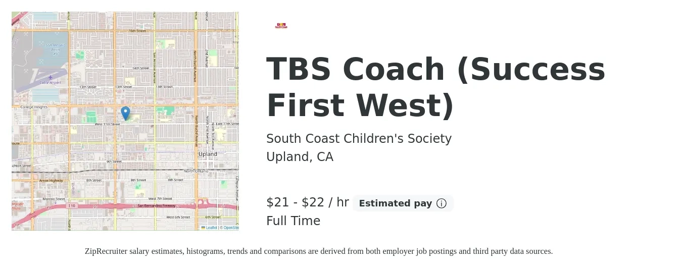 South Coast Children's Society job posting for a TBS Coach (Success First West) in Upland, CA with a salary of $22 to $24 Hourly with a map of Upland location.