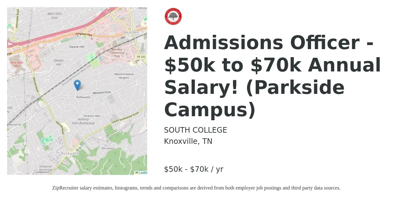 SOUTH COLLEGE job posting for a Admissions Officer - $50k to $70k Annual Salary! (Parkside Campus) in Knoxville, TN with a salary of $50,000 to $70,000 Yearly with a map of Knoxville location.