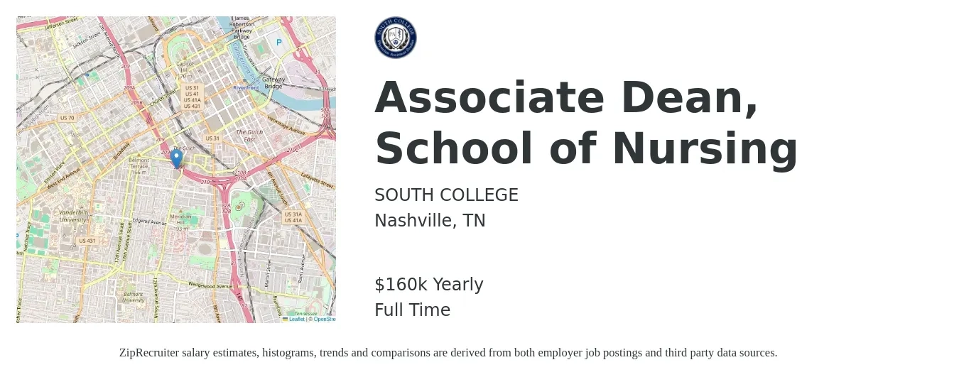 SOUTH COLLEGE job posting for a Associate Dean, School of Nursing in Nashville, TN with a salary of $160,000 Yearly with a map of Nashville location.