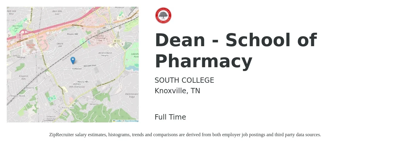 SOUTH COLLEGE job posting for a Dean - School of Pharmacy in Knoxville, TN with a salary of $70,600 to $125,500 Yearly with a map of Knoxville location.