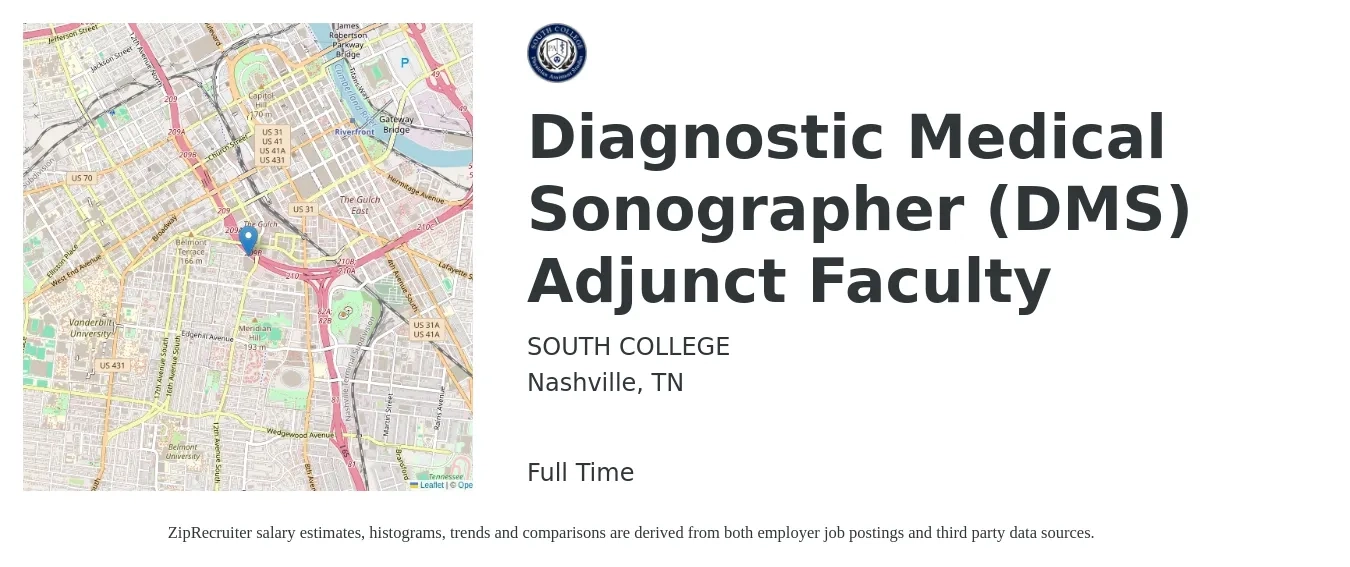 SOUTH COLLEGE job posting for a Diagnostic Medical Sonographer (DMS) Adjunct Faculty in Nashville, TN with a salary of $34 to $44 Hourly with a map of Nashville location.