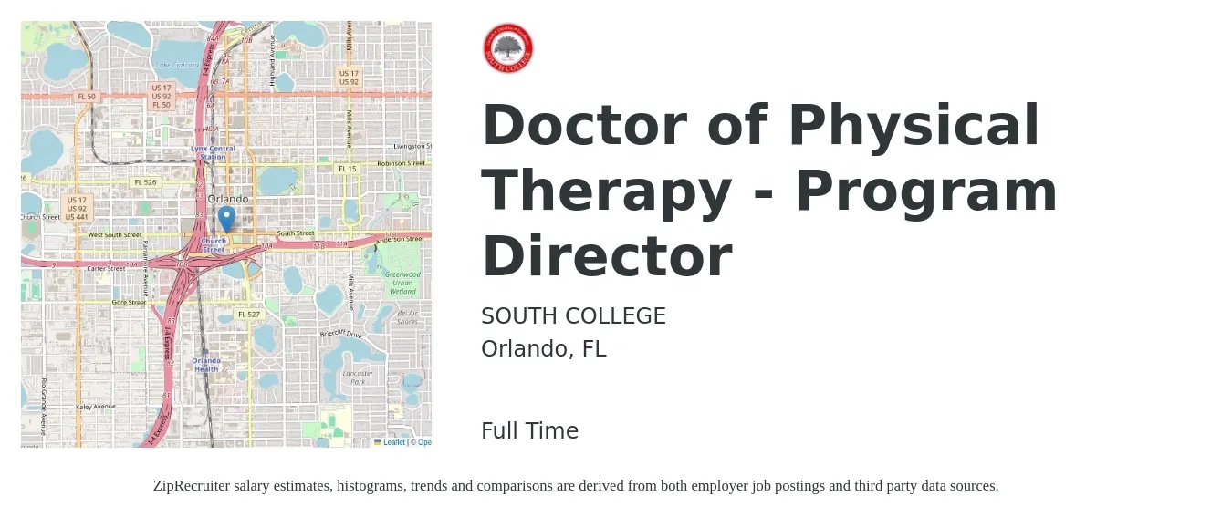SOUTH COLLEGE job posting for a Doctor of Physical Therapy - Program Director in Orlando, FL with a salary of $59,300 to $107,800 Yearly with a map of Orlando location.