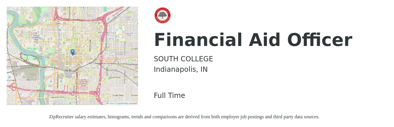 SOUTH COLLEGE job posting for a Financial Aid Officer in Indianapolis, IN with a salary of $40,300 to $61,700 Yearly with a map of Indianapolis location.